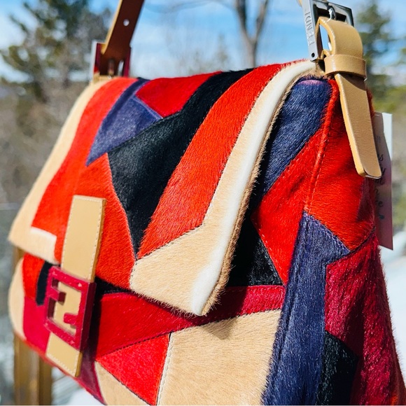 Fendi: Pony Calf Hair Multi Color Patchwork Leather Mamma Baguette Shoulder Bag - Picture 12 of 17